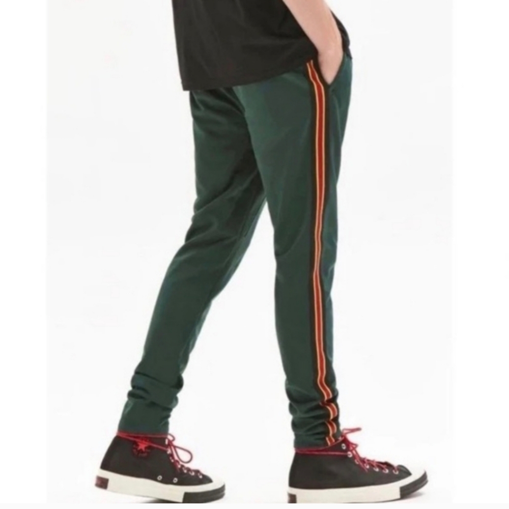 PACSUN Men Track Pants Striped Tapered Skinny Forest Green Yellow Red S
